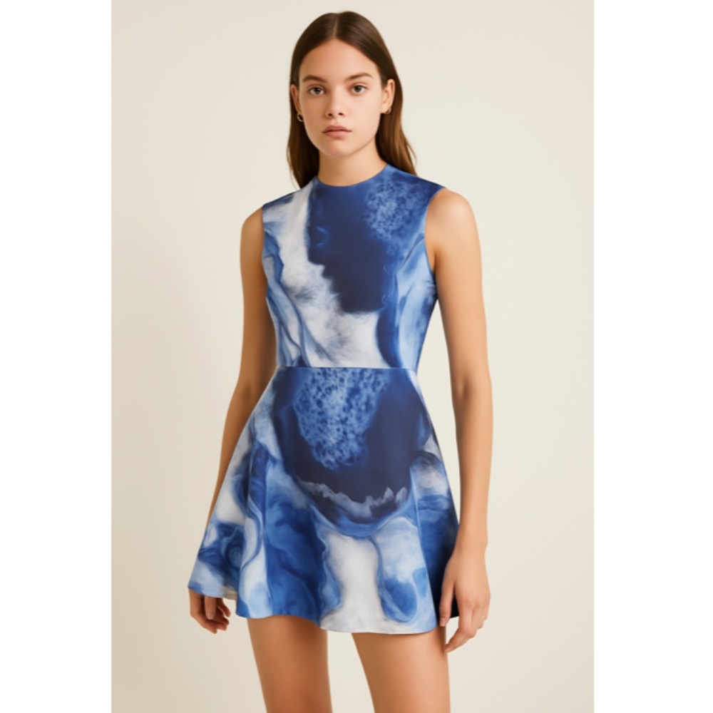 Cameo Blue Marble Daydreaming Mini Dress Fit & Flare Cap Sleeves Mock Neck Small
